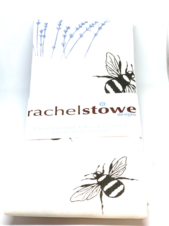 Unique hand printed tea -towel with lavender and bee designs by rachel-stowe