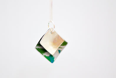 Green and blue brushstroke aluminium and sterling silver square shaped necklace by Rachel – Stowe