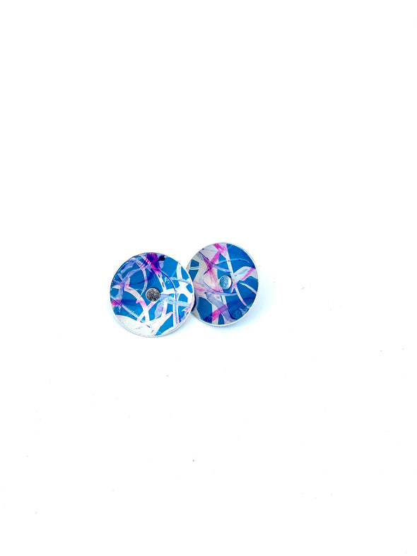 Unique jewellery by Rachel Sowe - textile anodised aluminium coloured stud earrings - perfect gift for birthdays,mother's day and anniversaries