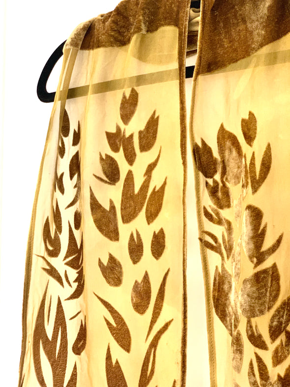 Gold/Brown/khaki  Designer Devore Floral Silk Velvet Scarf