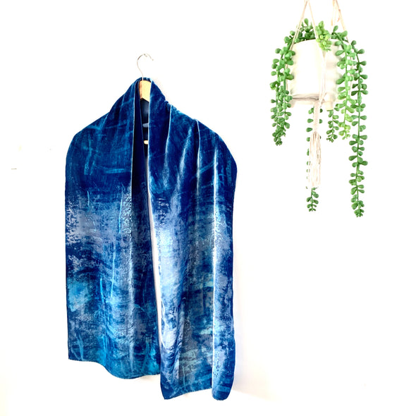 Bespoke Silk Velvet Designer Scarf  hand printed and hand dyed cornish blue skies by rachel-stowe 