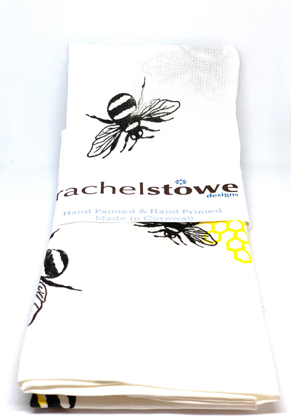 Unique hand printed tea -towel with lavender and bee designs by rachel-stowe