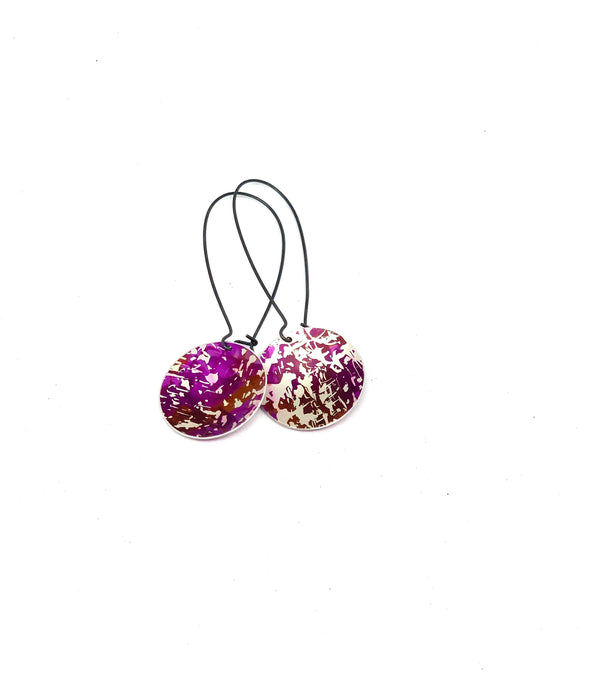 Purple oxidised long- earrings by Rachel Stowe unique coloured jewellery.