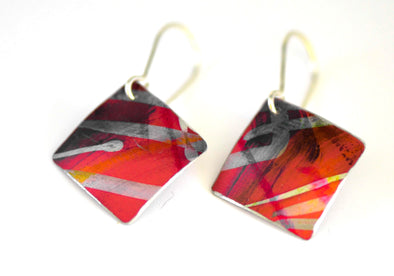 Red mixed stroke marks square earrings
