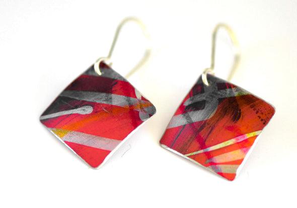Red mixed stroke marks square earrings