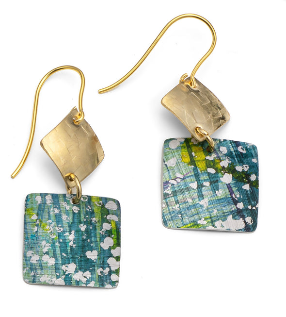 Contemporary Green/Blue speckled aluminium and 9ct Gold Earrings