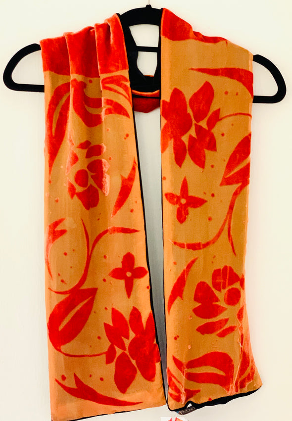 silk velvet double scarf vibrant orange floral cut devore design produced by rachel-stowe