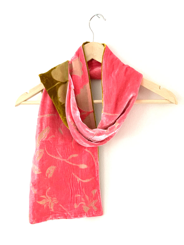 Pink and Green Silk Velvet floral double scarf