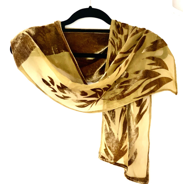 Gold/Brown/khaki  Designer Devore Floral Silk Velvet Scarf