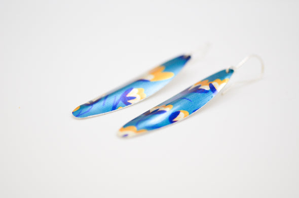 Blue and yellow tulip design earrings by rachel-stowe